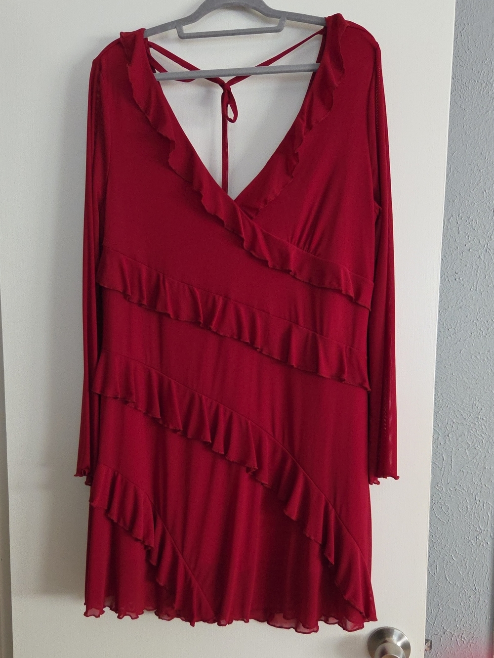 SHEIN Red Ruffle Wrap-Style Long Sleeve Dress